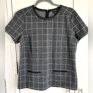 NWT Ann Taylor Factory Faux Leather Trim Windowpane Plaid knit top, S, MSRP $69